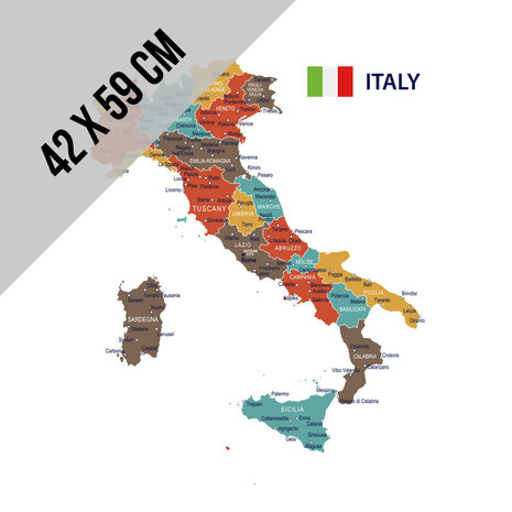 Gedetailleerde fysieke kaart met  de regio's van Italië • A2 formaat